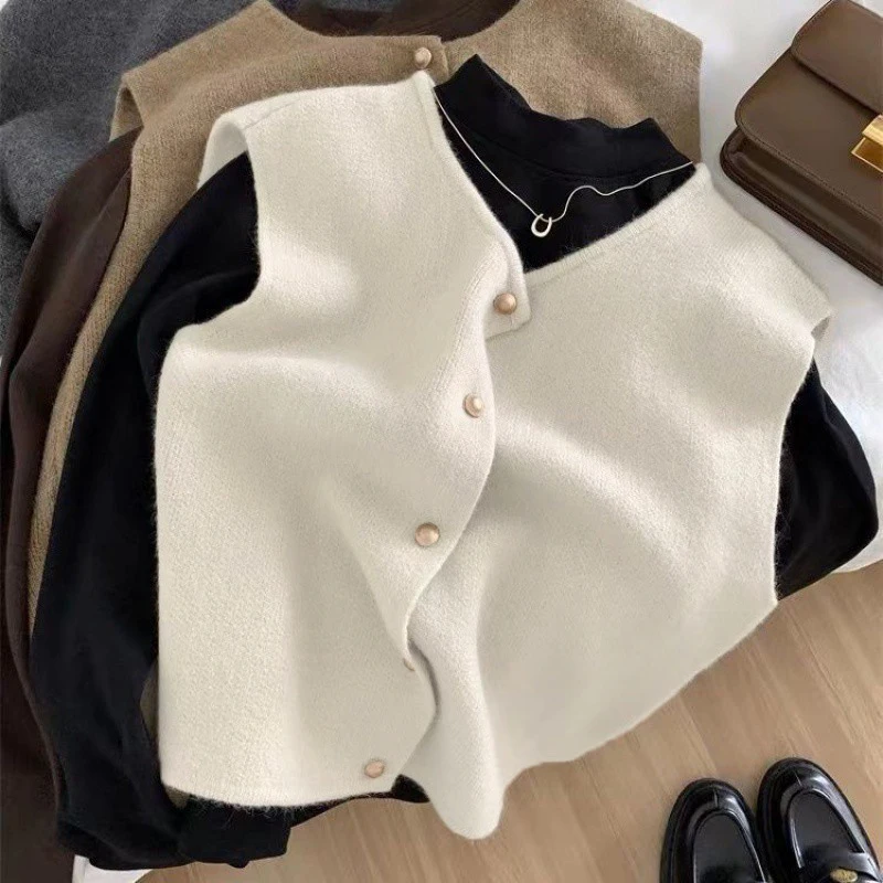 C.New S Autumn New Women Cardigan Korean Elegant Knitted Sleeveless Female Casual Sweater Tanks Slim Fashion Ladies Casual Tops