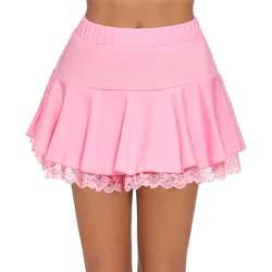 Women Pleated Mini Skirt Sexy Lace Ruffle Solid Skirt Lingerie Short Skirts A-shaped Flared Elastic Waistband Skirt