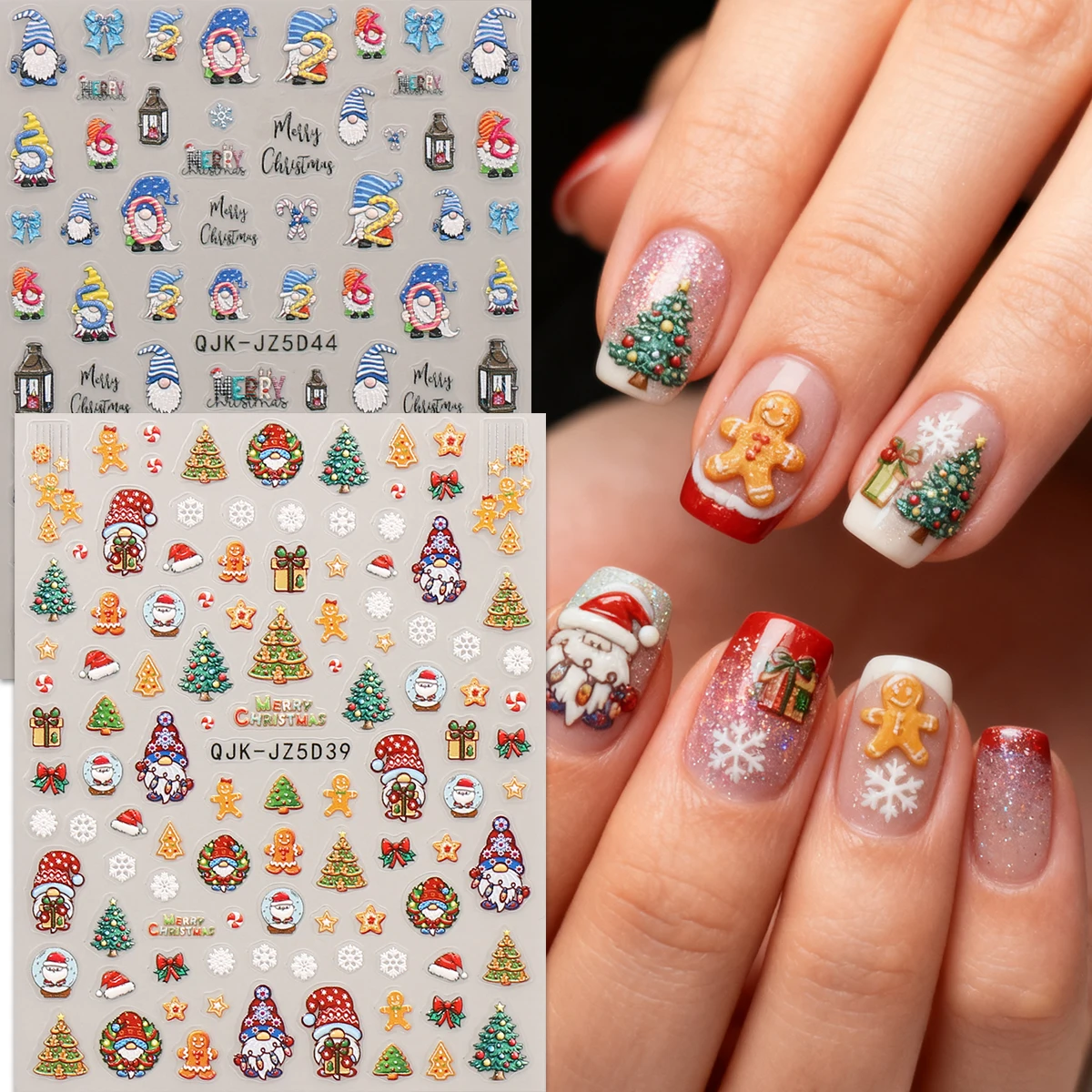 2 Stück geprägte Weihnachts-Maniküre-Aufkleber, niedliches Cartoon-Thema, einfach anzubringende Nageldekoration, Heimwerken, Geschenke, Party-Make-up-Styling