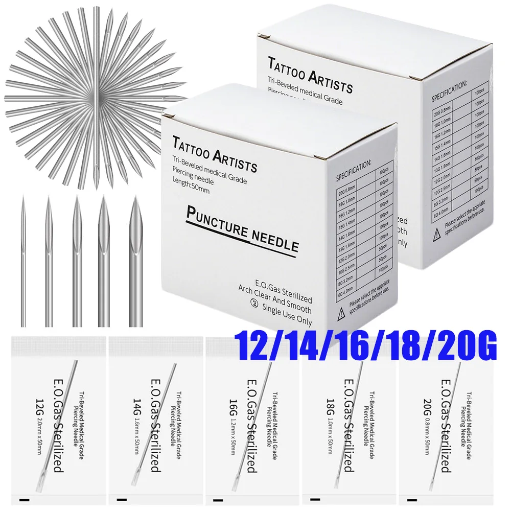 

200/100/50 шт. одноразовые иглы для пирсинга, тату-иглы для пирсинга ушей, носа, пупка, сосков, губ, инструмент для татуировок
