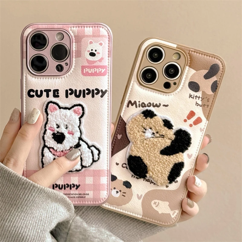 Cute Embroidered Puppy Cat Phone Case For iPhone 16 15 13 11 12 Pro Max Soft Leather Drum Bag Back Cover