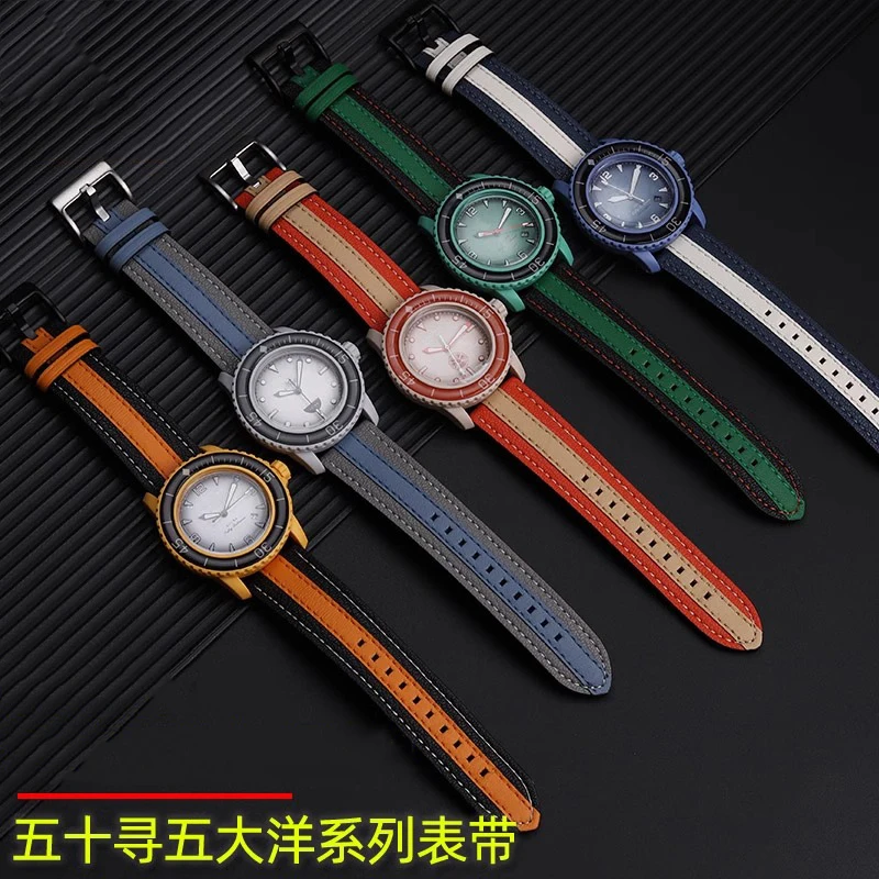 Correa de reloj de piel de vaca para Swatch Blancpain biocerámica Scuba Fifty Fathoms 22mm gris azul verde naranja unisex correa de reloj con código de color