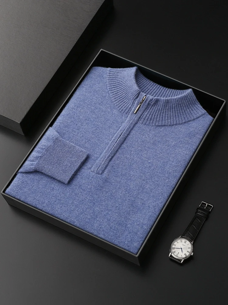 High Quality Men's Autumn Winter 100% Cashmere Sweater Mock Neck Zipper Pullover Thick Long Sleeves Casual Cashmere Knitting Top