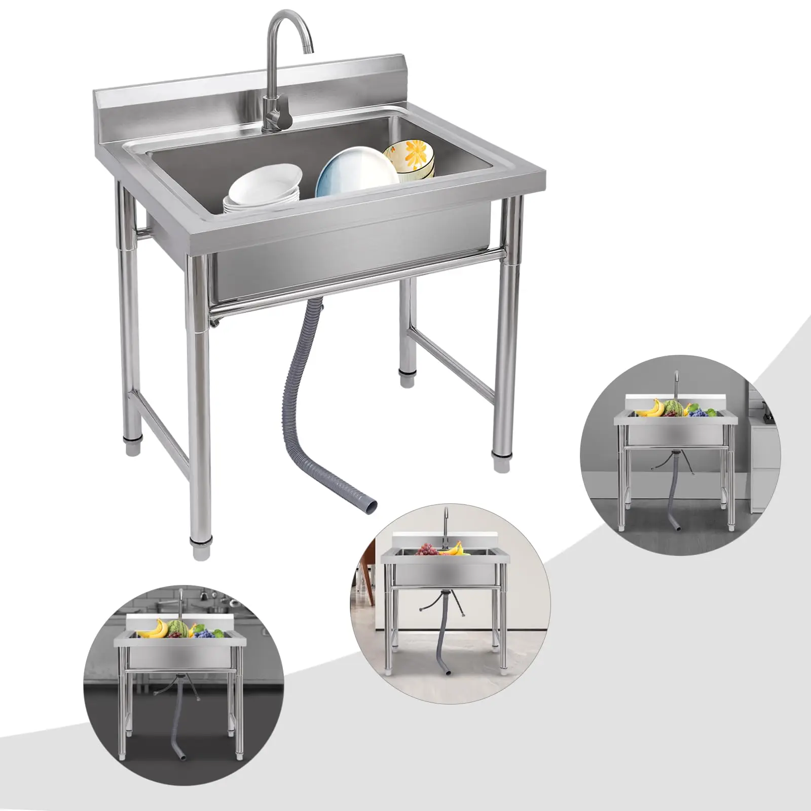 業務用キッチンシンク、ステンレス製シングルボウルユーティリティシンク、温水・冷水蛇口と排水管付き、屋内外洗濯用