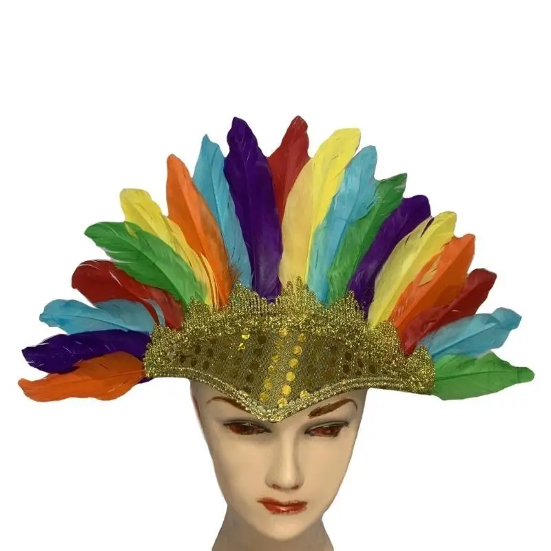 652f glinsterende Indiase hoofdband etnische veren haarband perfromances hoofddeksel