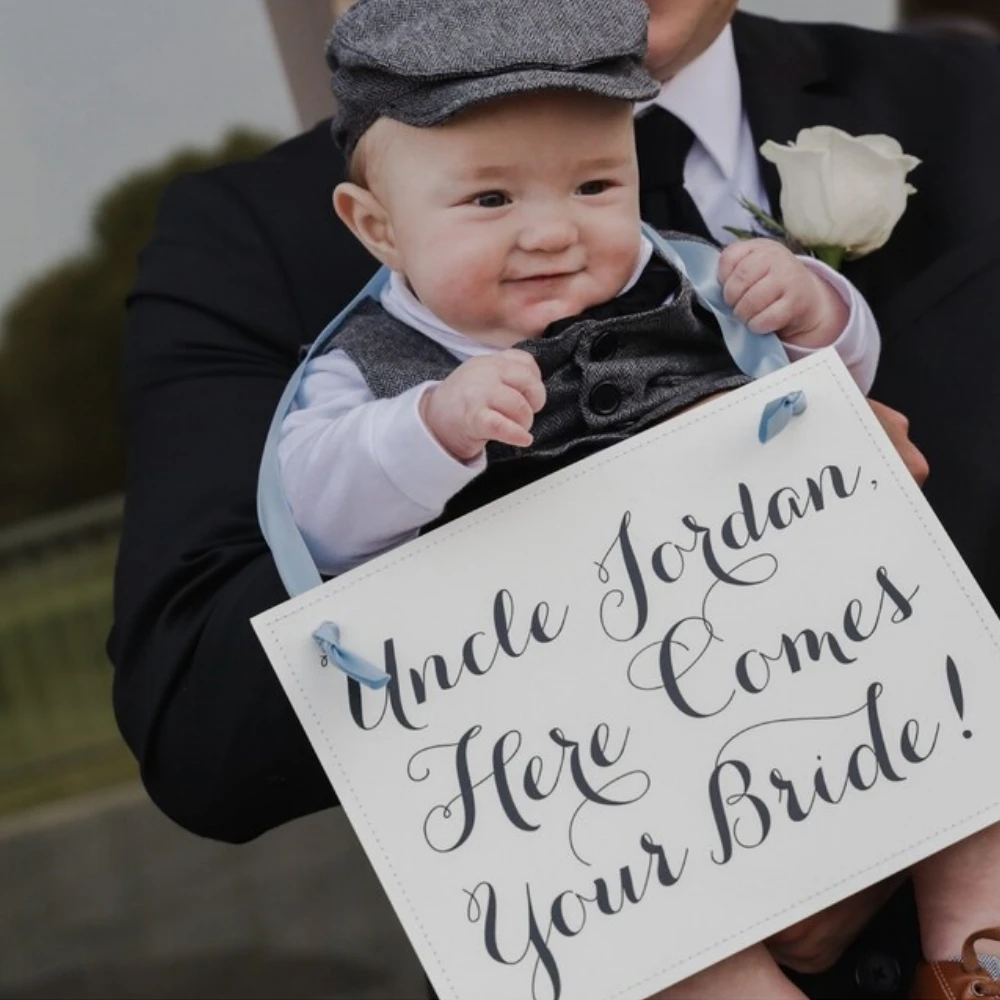 “Uncle Ryan,Here Comes Your Bride ” Wedding Sign for Uncle (Groom) Ring Bearer/Flower Girl  Flower Girl Groom's Name Banner