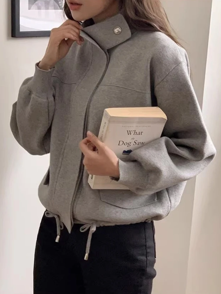 

Chic Autumn Winter High Ne Dstring Bot Double ket Versatile Camere Knitted Open Cardigan Women's Faion Outerwear