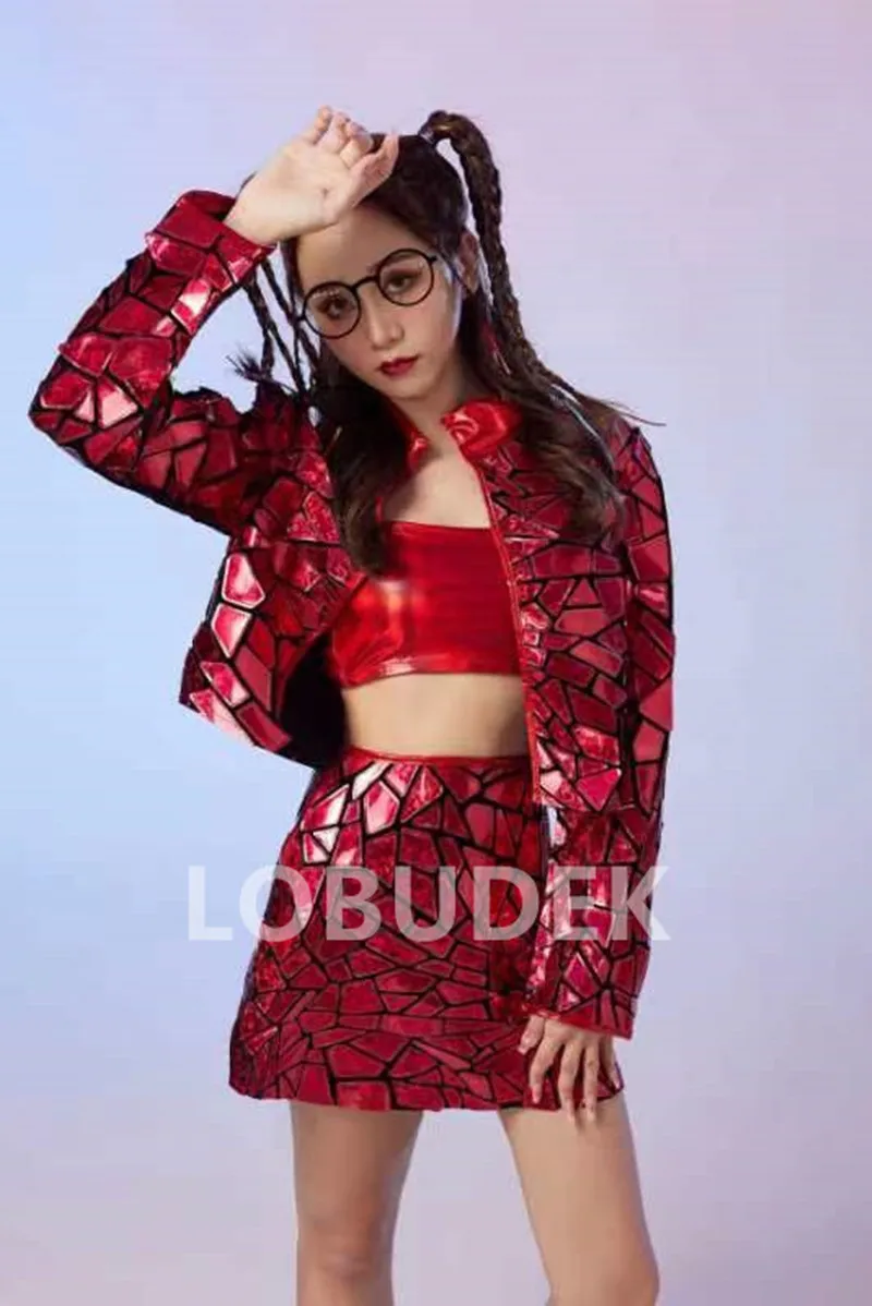 Adult Women Team Jazz Dance Costume Red Laser Mirror Jacket Skirt Performance Stage Outfit Nightclub Bar Hip Hop Clothes