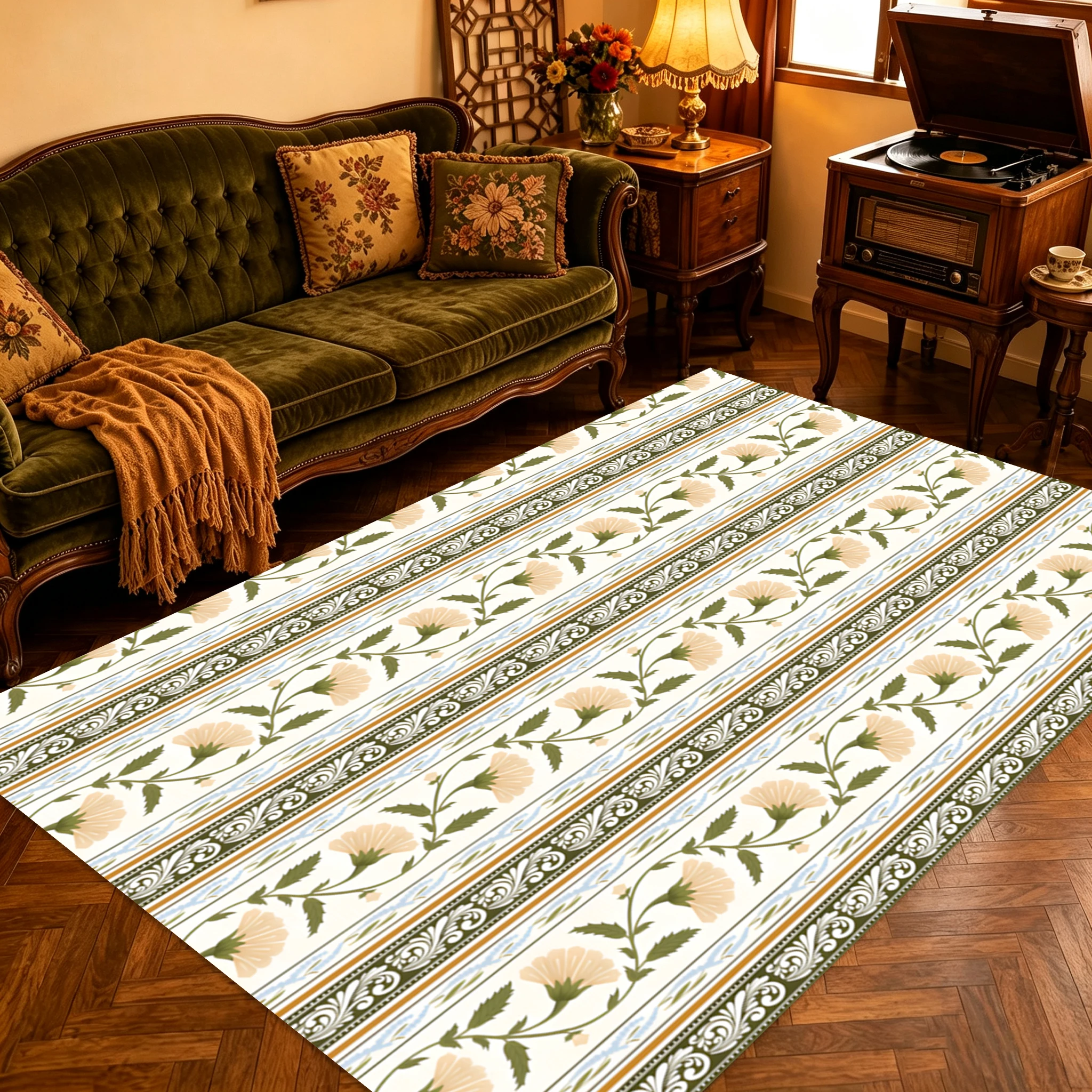 2D Large Carpet with Light Pink Floral Stripes, Retro French Style, Suitable for Living Room, Bedroom, and the Entire House, Instantly Refreshes Autumn and Winter Decor