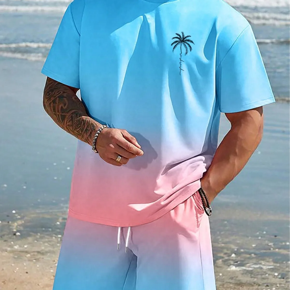 

Summer Faion Men's T-irt orts Set 3D Print Casual Sportswear ort Sve Five-Quarter Length Polyester Blend