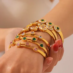 Flashbuy Romantic Chic Zircon Love Heart Stainless Steel Bangles Bracelets for Women Gold Plated Waterproof Fashion Jewelry