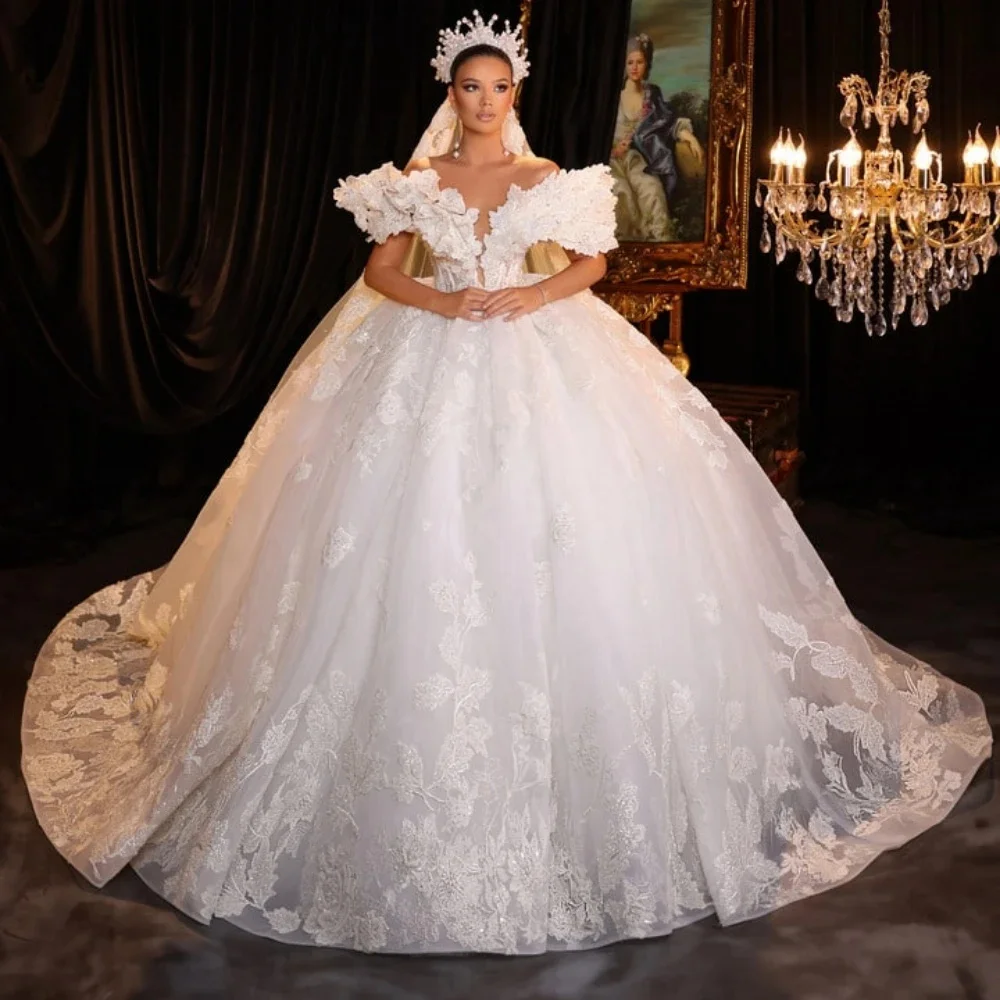Vestido de novia de lujo con hombros descubiertos, vestido de baile de encaje Floral, apliques de manga corta, vestidos de novia personalizados