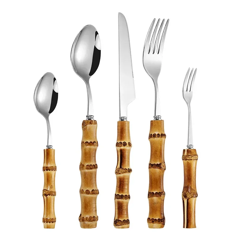 

20/30pcs Bamboo Tableware Set Stainless Steel Nature Handle Retro Dinnerware Cutlery Steak Knives Table Fork Spoon Dessert Gift