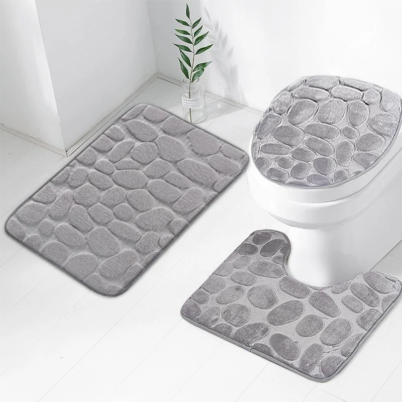 3Pcs/Set Bathroom Bath Mat Set Soft Non Slip Cobblestone Mat Bathroom Rug Absorbent Shower Carpets Toilet Lid Cover Floor