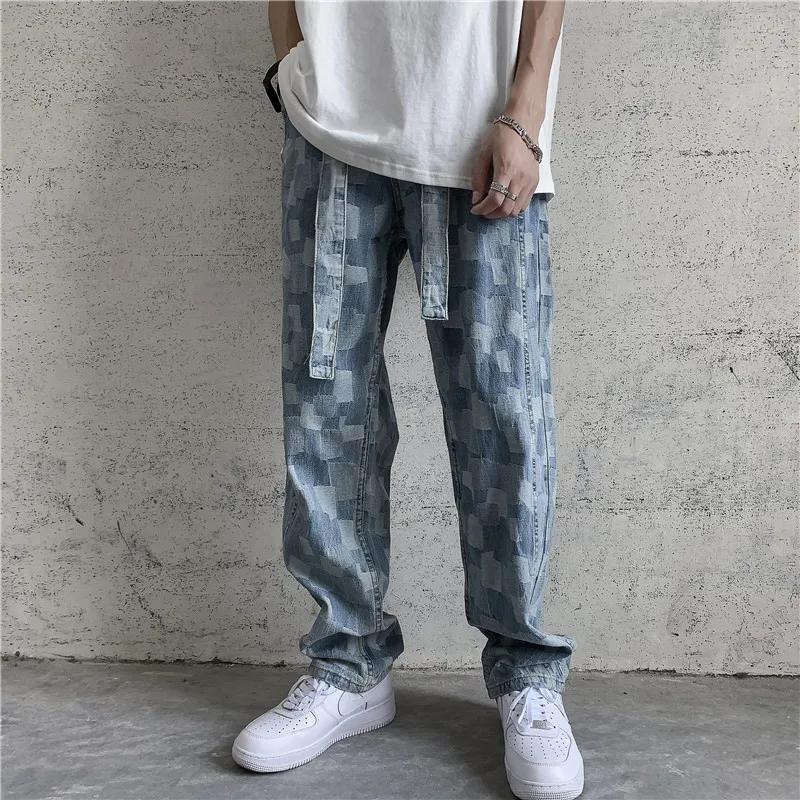 

Korean Fashion Men's Baggy Jeans Classic All-match Plaid Printed Straight-leg Denim Wide-leg Pants Male Trousers for Men F13
