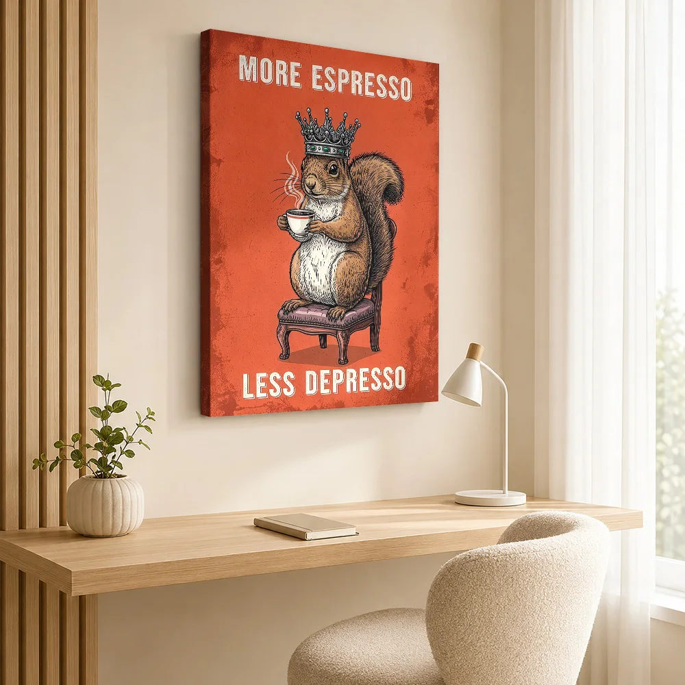 More Espresso Less Depresso Squirrel King Canvas Poster Customized Photo Modern Aesthetic Wall Paintings Decoration for Office