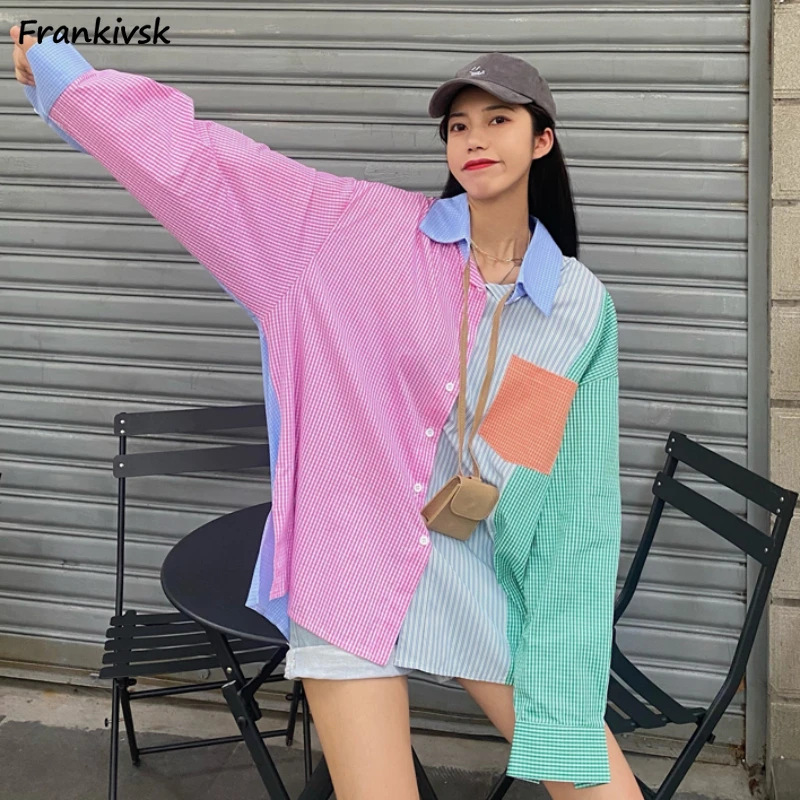 

Y2k Shirts Women Patchwork Contrast Color All-match American Retro Long Sleeve High Street Fashion Hotsweet Summer Clothing New