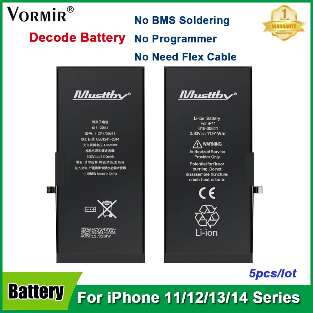 Vormir 5pc Decode Battery No BMS Soldering No Need Programmer for iPhone 11-14pro Batteries Non Pop-up No Need Battery Cell/Flex