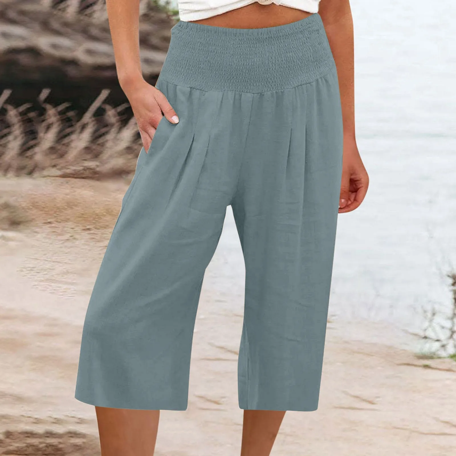 Frühling Sommer Baumwolle Leinen Stil Frauen lose lange Hosen Freizeit solide hohe Taille geraffte Strand weites Bein Hosen mit Tasche