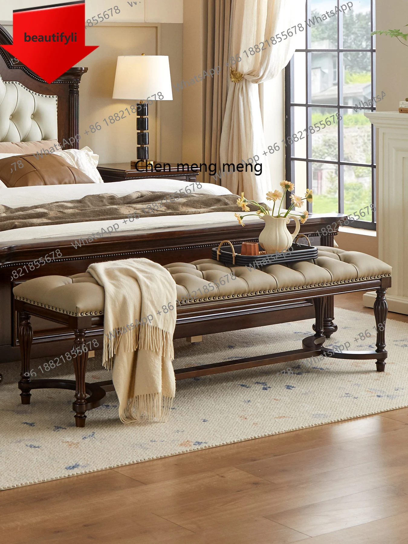 

A57 American country solid wood end stool French retro bedroom bed couch long square clothes stool shoe changing stool