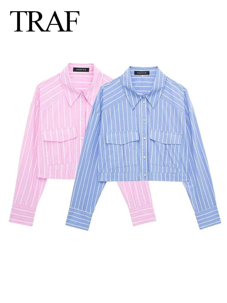 TRAF 2024 Woman Casual Loose Blouses Trendy Pink +Blue Striped Turn Down Collar Long Sleeve Shirts Cropped Tops Office Lady