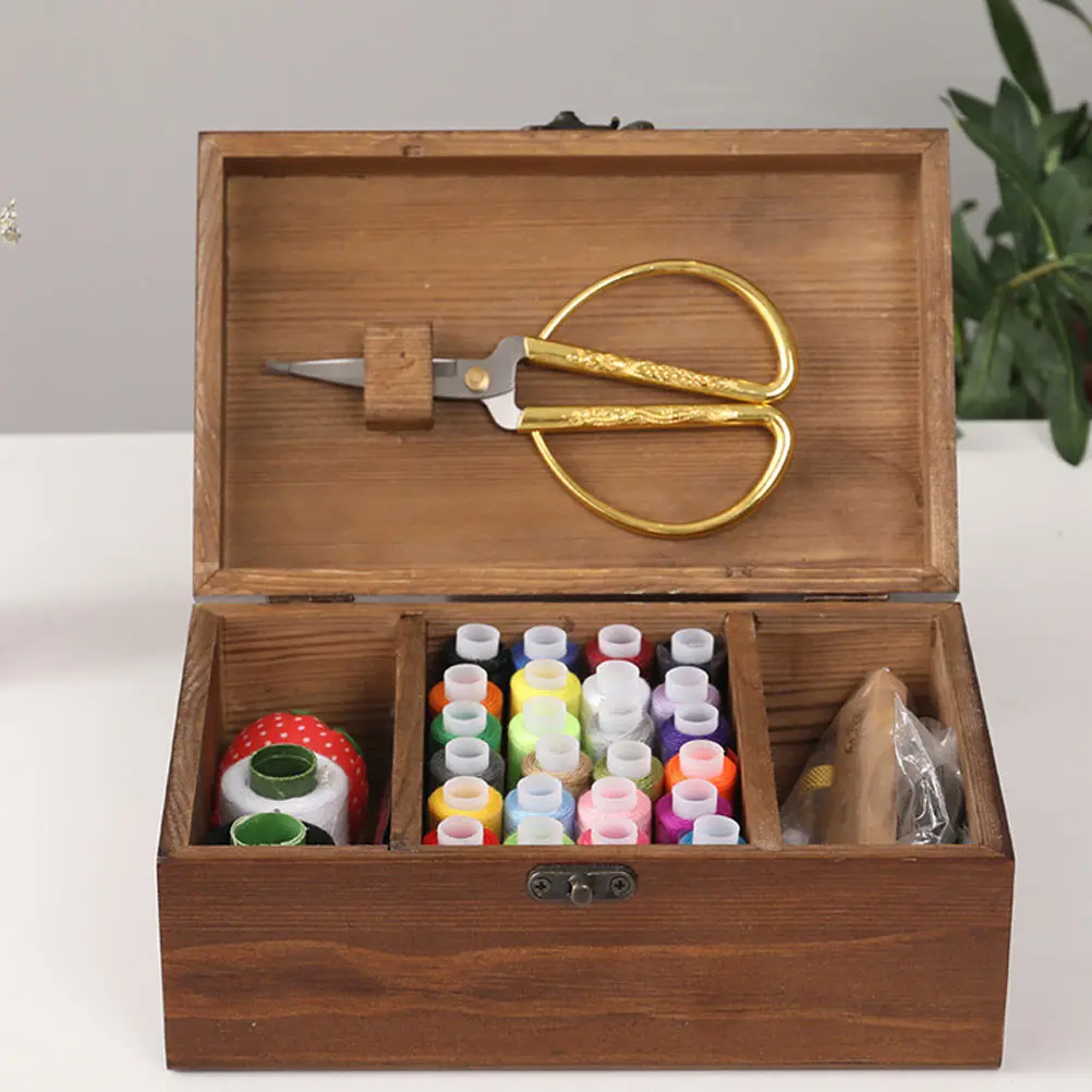 

Retro Solid Wood Sewing Embroidery Storage Container Lid Natural Engraved Metal Lock Durable Household Storage Box Home Sundries