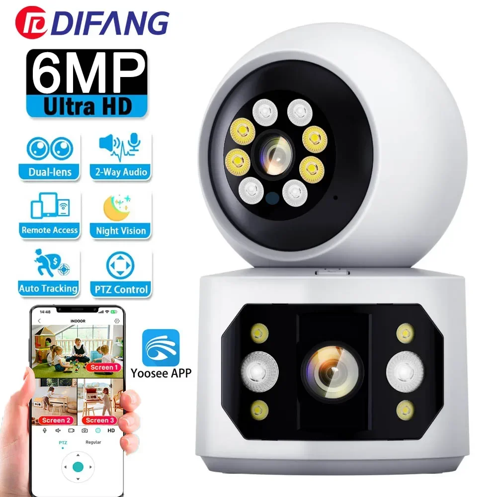 6MP IP Camera Yoosee Home Smart Camera Indoor Dual Lens Three Screen Body Recognition Wireless Security Surveillance Camera CCTV