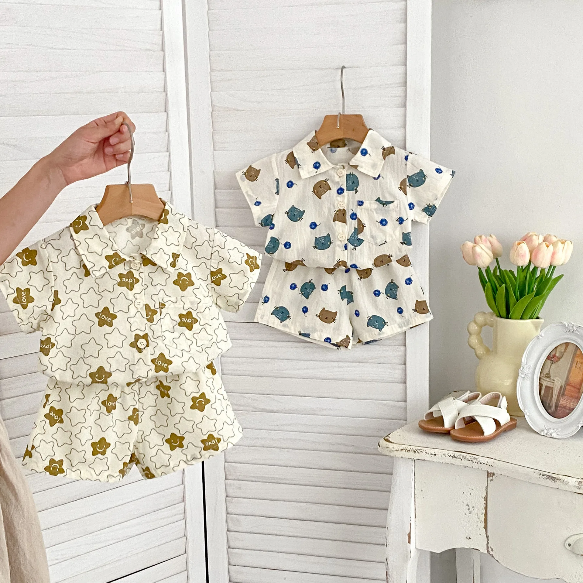 

2024 Summer New Baby Short Sleeve Clothes Set Infant Boy Fashion Print Lapel Shirts + Shorts 2pcs Suit Toddler Casual Outfits