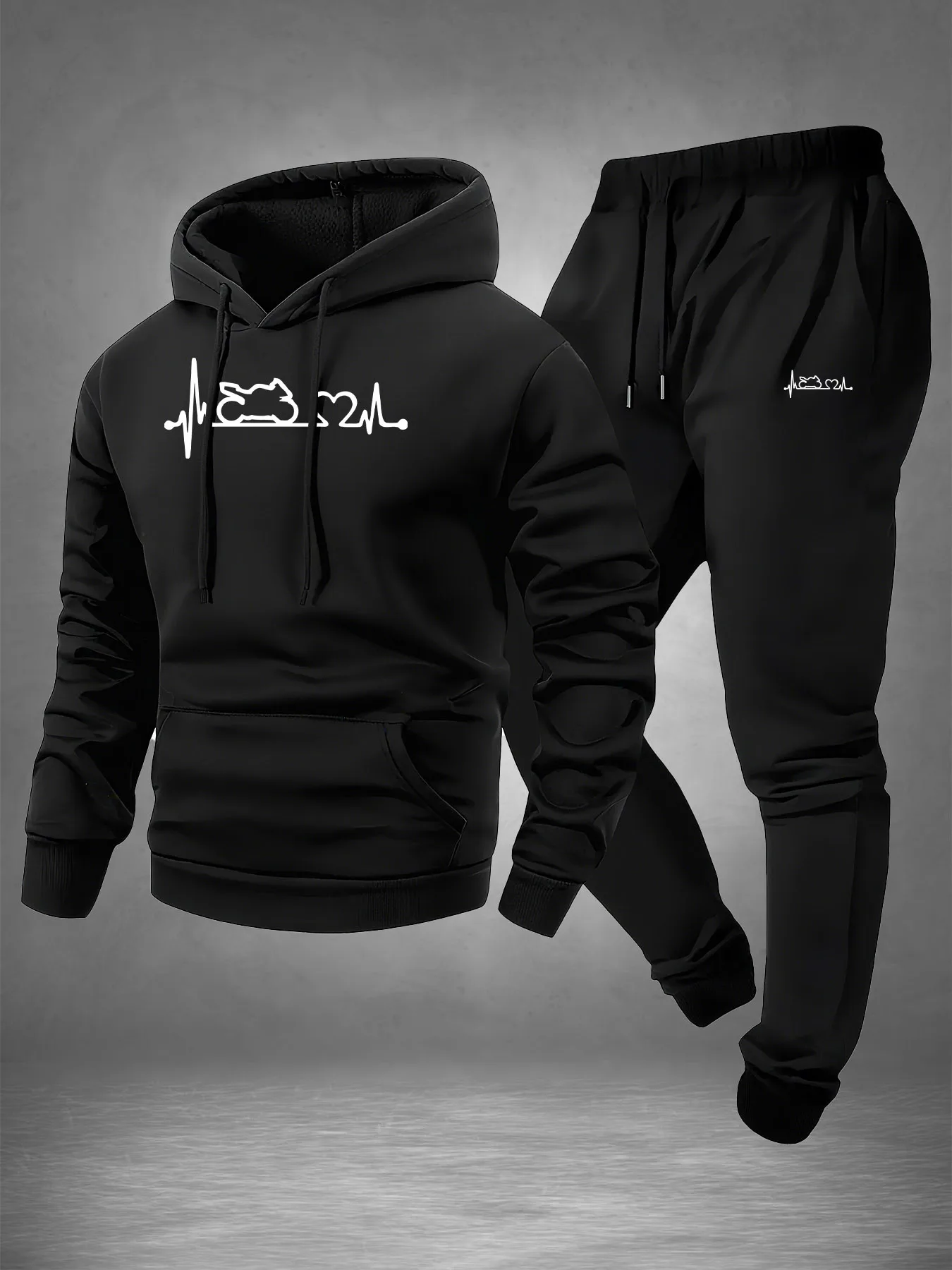 Ensemble de survêtement pour homme 2 pièces, imprimé motif ECG et ligne de battement cardiaque, comprenant un sweat à capuche et un pantalon de jogging en polyester chaud.