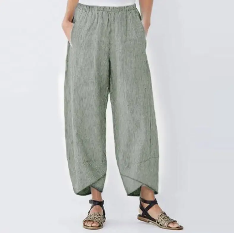 Women Harem Pants Vintage Cotton Linen Elastic Waist Wide Leg Trousers Female Casual Solid Pockets Loose Cropped Pants