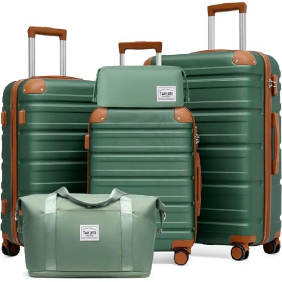 

TAKUMI 5 Piece Lightweight Carry On Luggage Set with Duffel Bag ABS+PC Hardshell Suitcases Green Brown Double Spinner Wheels YK