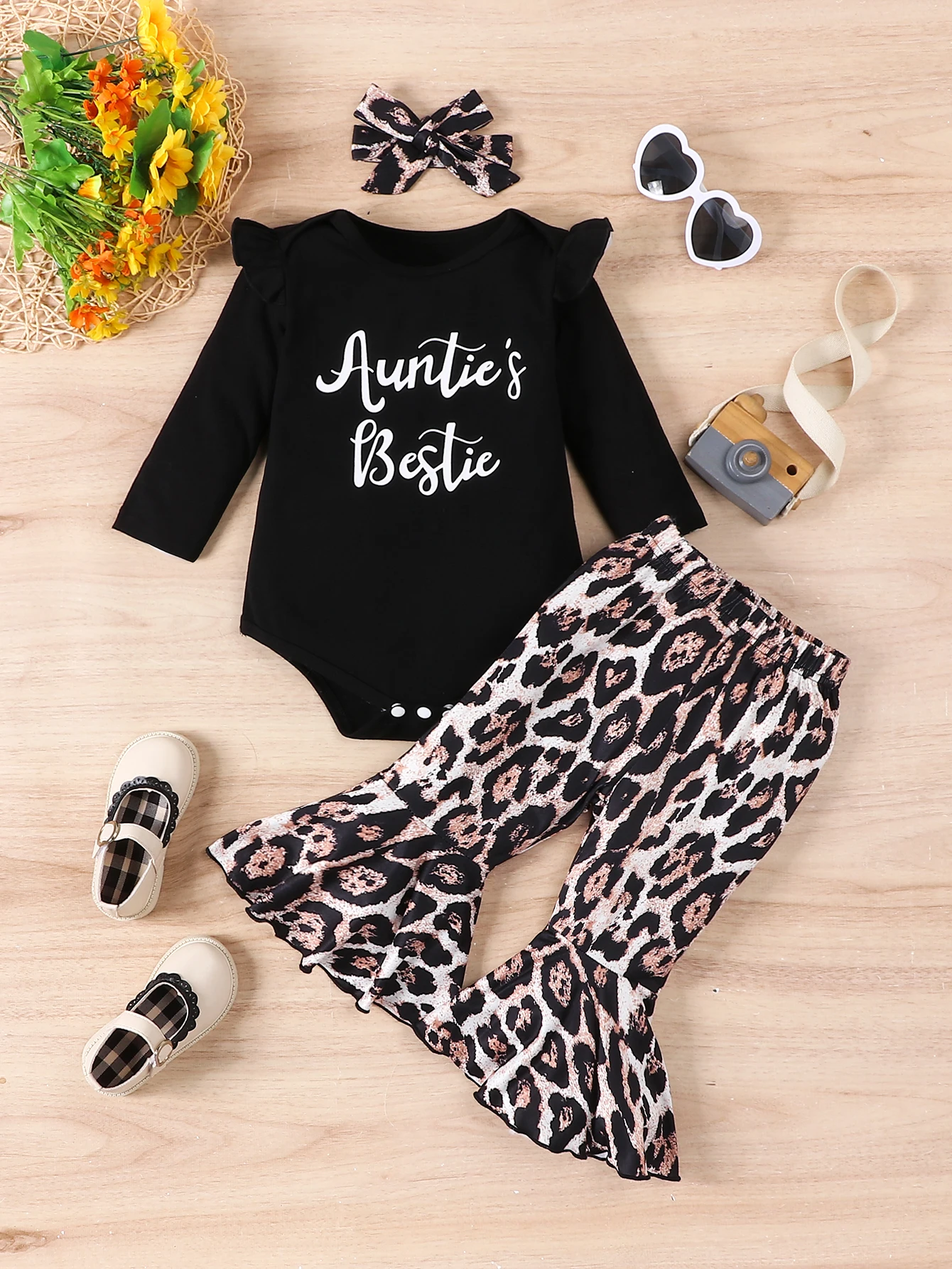 Baby Spring&Autumn Clothing Newborn Infant Baby Girl Clothes Ruffled Long Sleeve Jumpsuit+Leopard Pant Headband 3Pcs Outfits