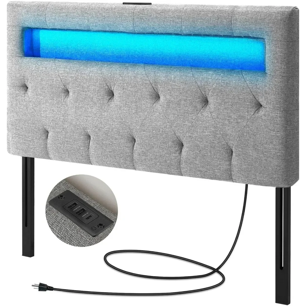 Twin Size Headboard with 60,000 DIY Color of LED Light, USB & Type C Post, Attach Frame, Adjustable, Linen Fabric Headboard