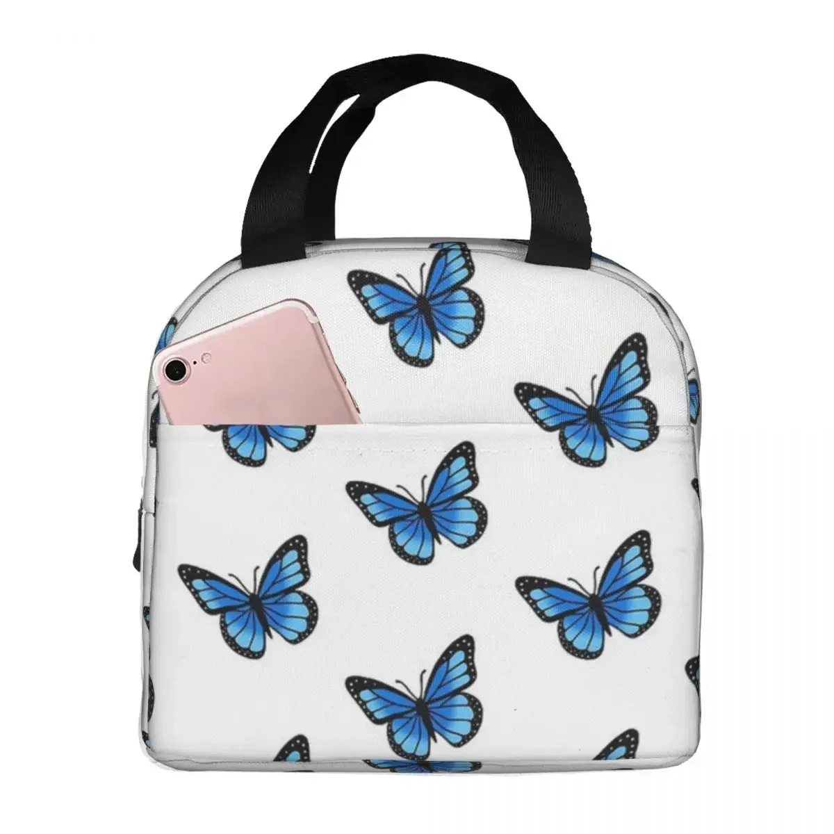 Light Blue Butterfly Lunch Bag Portable Insulated Oxford Cooler Bags Thermal Cold Food Picnic Lunch Box for Women Girl