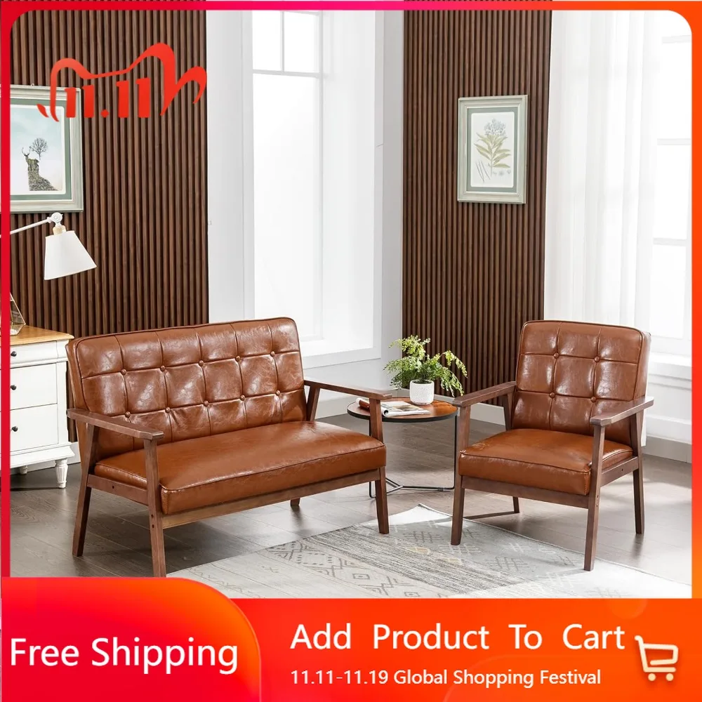 طقم أريكة حديثة بمقعدين، أريكة جلدية منجدة، مقاعد حب بمقعدين وكرسي مميز، مجموعات أثاث غرفة المعيشة، كوب صغير #1