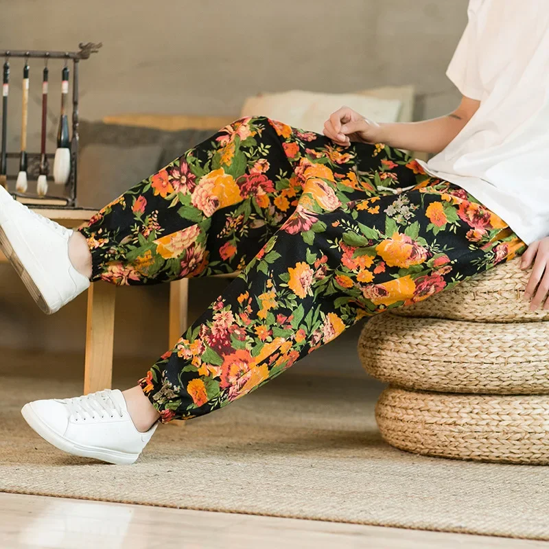 Autumn Mens Cotton Harem Pants Comfortable Floral Print Drawstring Joggers Mens Casual Trousers ropa hombre