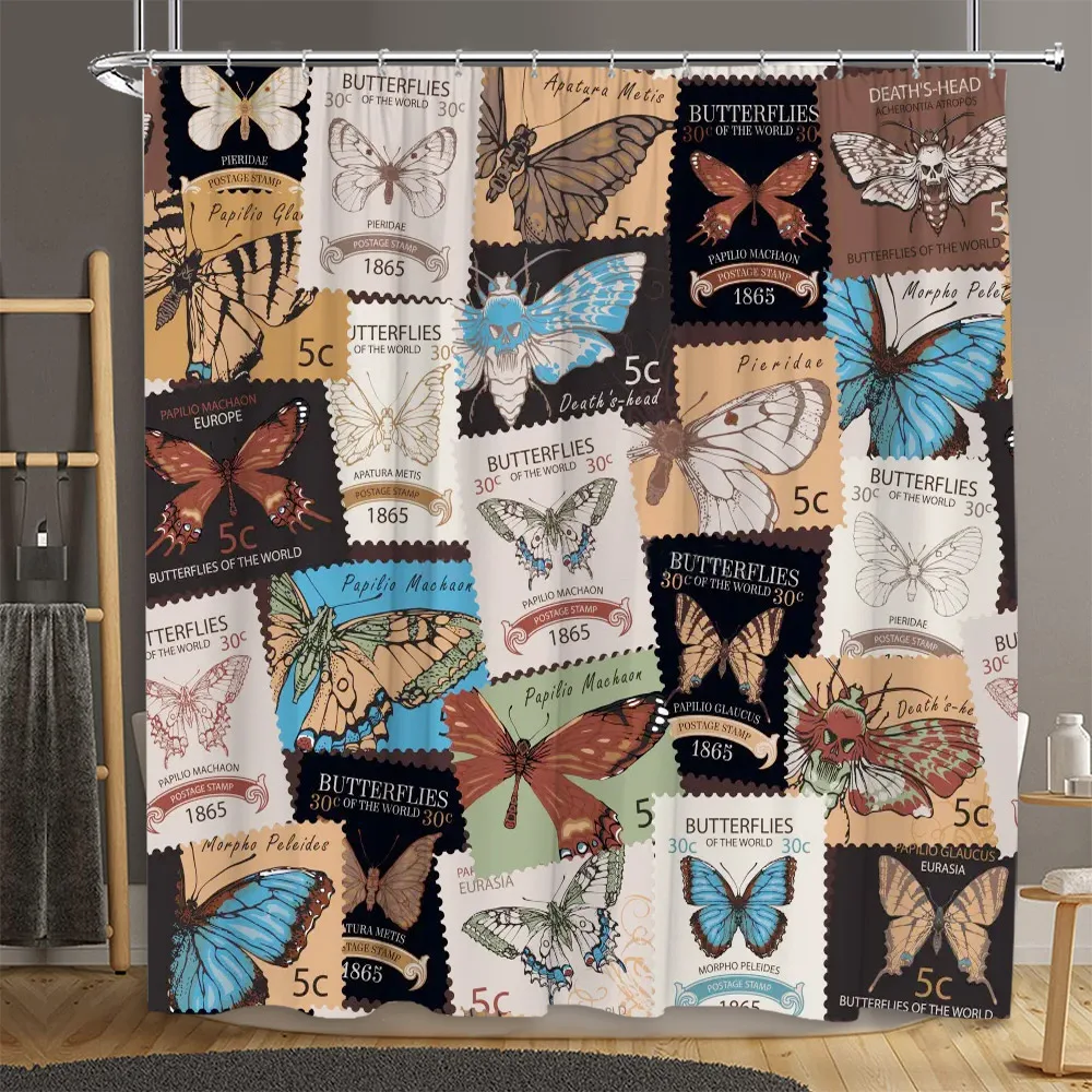 Vintage Butterfly Shower Curtain Art Modern Image Stamps Hobby Art Girl Collection Home Bathroom Decor Sets Rugs Toilet Covers