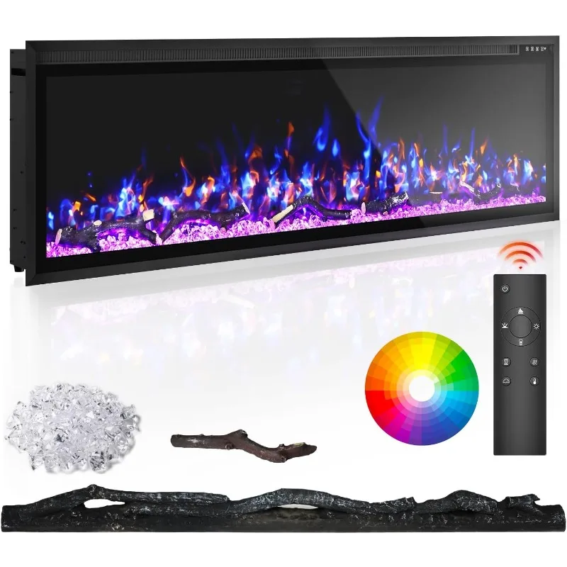 60 Inch Electric Fireplace - Recessed and Wall Mounted 12 Flame Colors and 5 Brightness Low Noise Wall Fireplace Electric