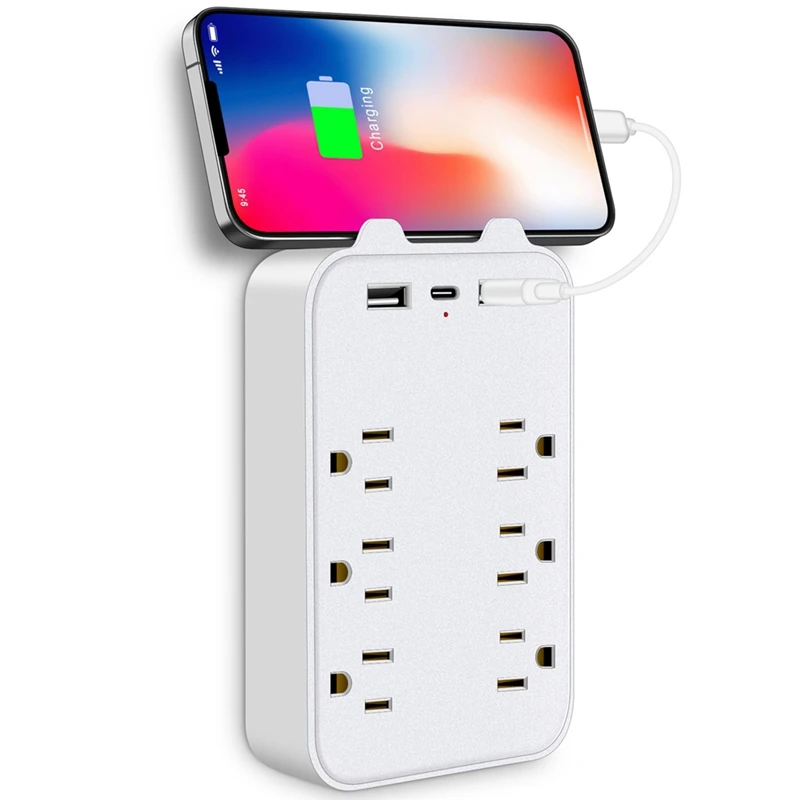 9-In-1 Surge Protector 6-Outlet Extender With 3 USB Ports Power Strip Plug Outlets Wall Adapter Spaced US Plug