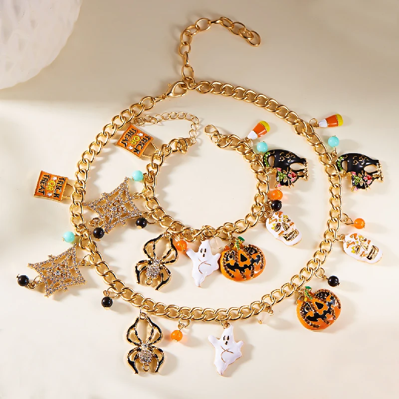 

Halloween Ghost Pumpkin Spider Cat Skeleton Skull Bracelet Necklace For Women Gold Color Chain Jewelry Gift