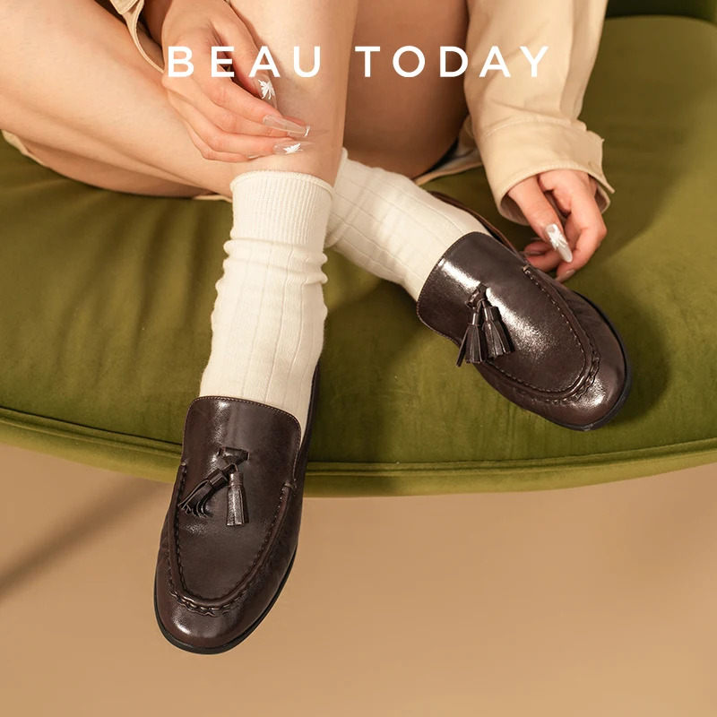 

BEAUTODAY Fringe Loafers Women Sheepskin Leather Waxing Round Toe Slip-on Flats Casual Ladies Office Shoes Handmade 26278