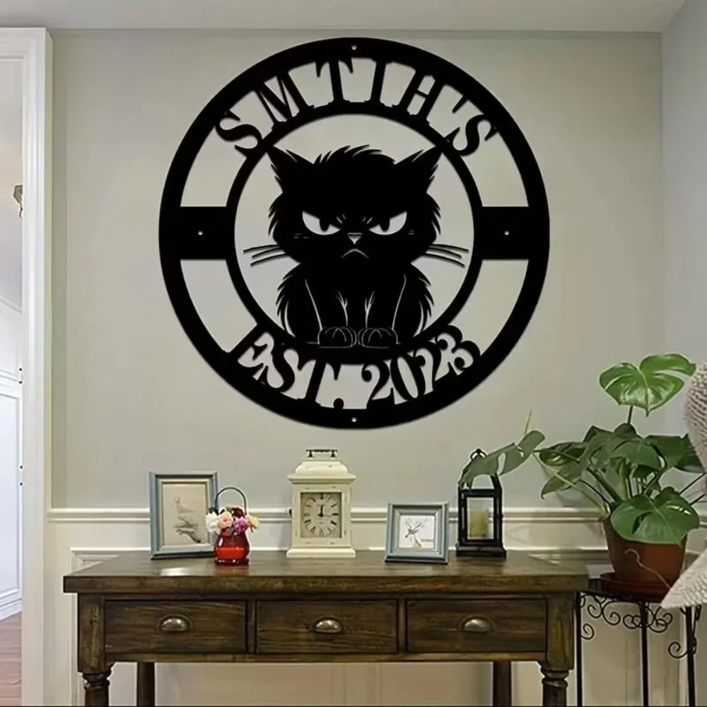 Personalized Black Cat Metal Wall Art - Custom Name Outdoor Decoration, Cute and Interesting Hanging Sign for Home