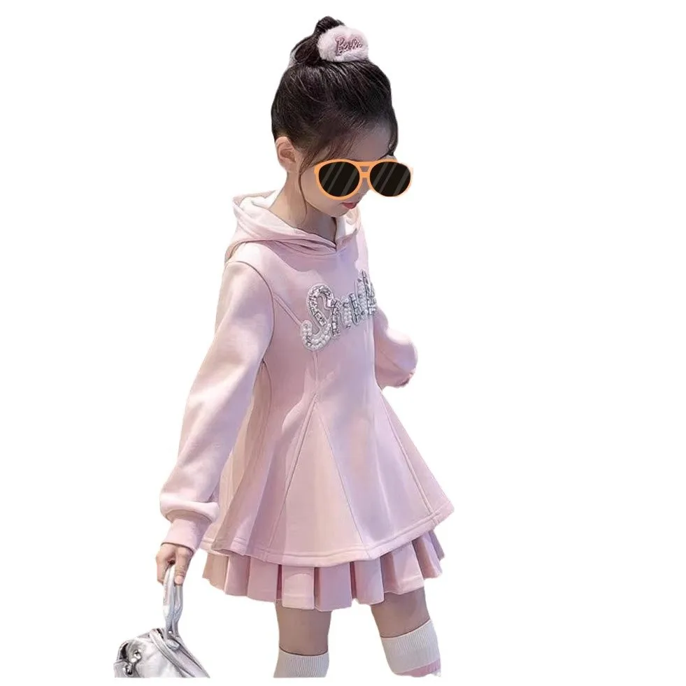 2026 Winter Autumn Girls Set Clothes Teenager Smile Pearl Slim Hooded Sweatshirts Top + Pleated Skirt 4 6 7 8 9 10 11 12 14 Year