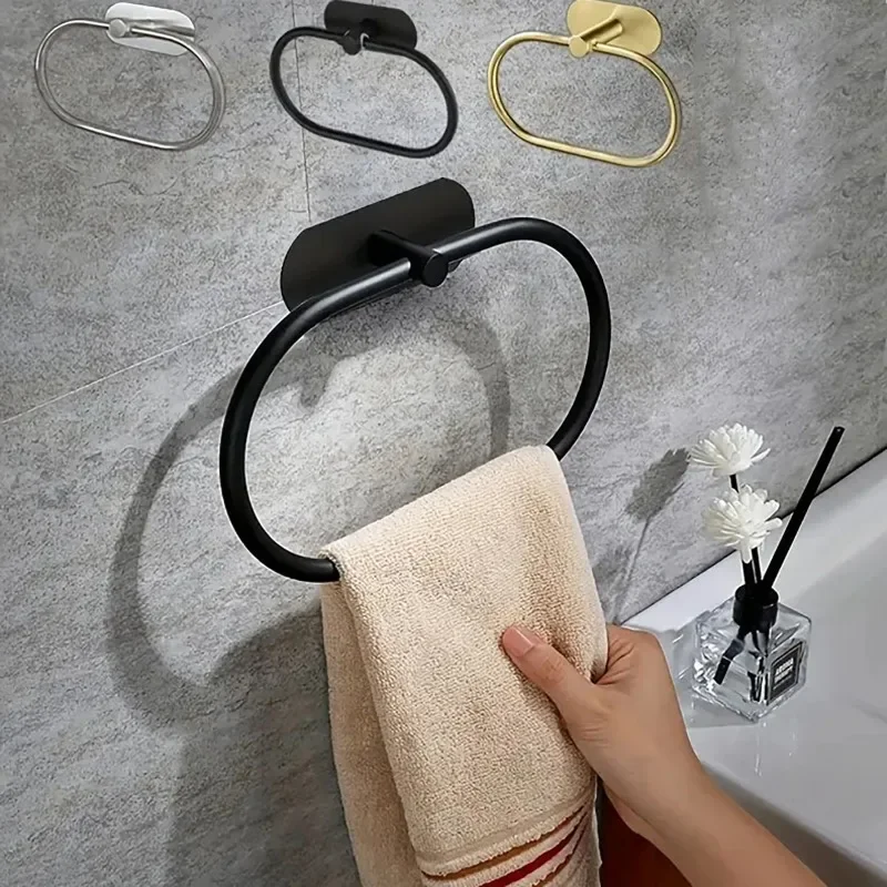 

Stainless Steel Towel Holder Self-adhesive Bathroom Towels Rack Black Washhand Hanger Ring Rail Bar Kitchen Storage Accessories