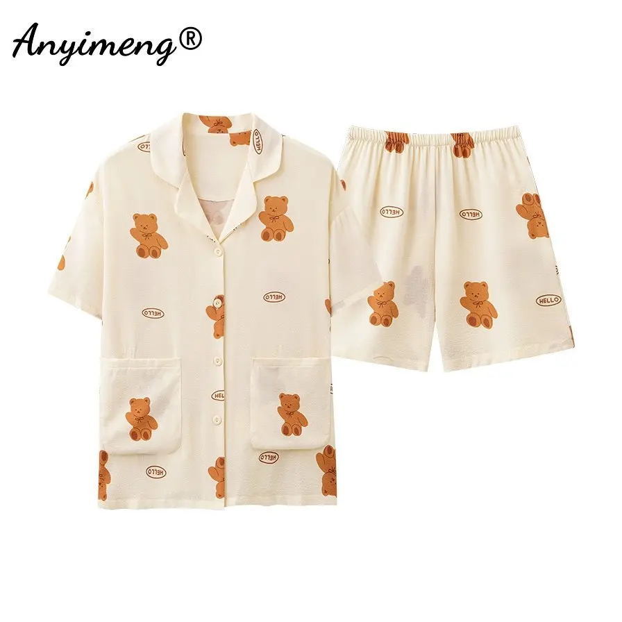 Cute Bear Cartoon Sleepwear for Girl Homsuits for Youth Lady Summer Bubble Wrinkled Fabric Turn-down Collar Woman's Pajamas Sets