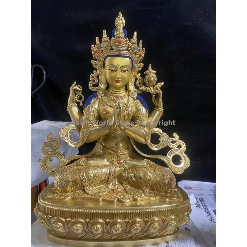 XL high qualiy gold plating Four-armed Bidhisattva Manjusri BUDDHA STATUE Wholesale Buddhism Item HOME temple Altar worship