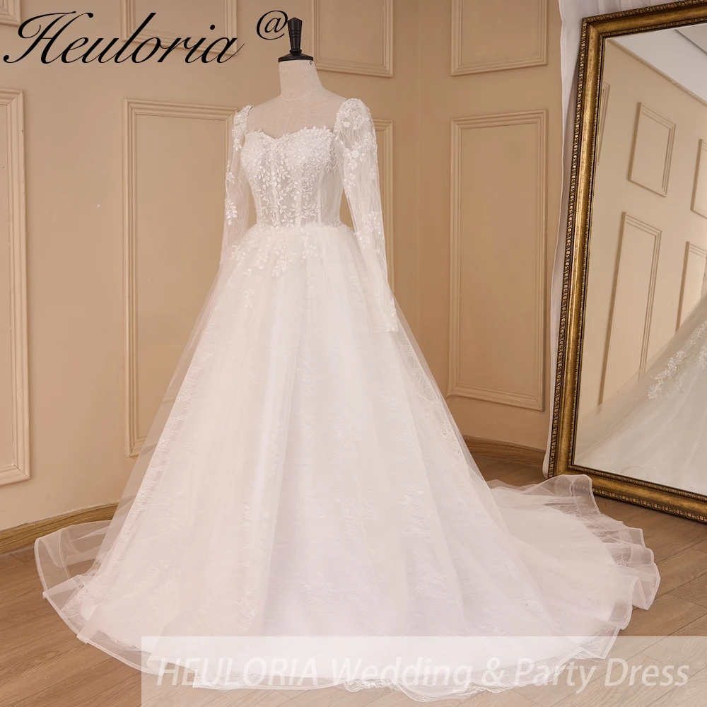 HEULORIA Elegant lace beading Wedding Dress long sleeve sweetheart long train Wedding Bridal dress