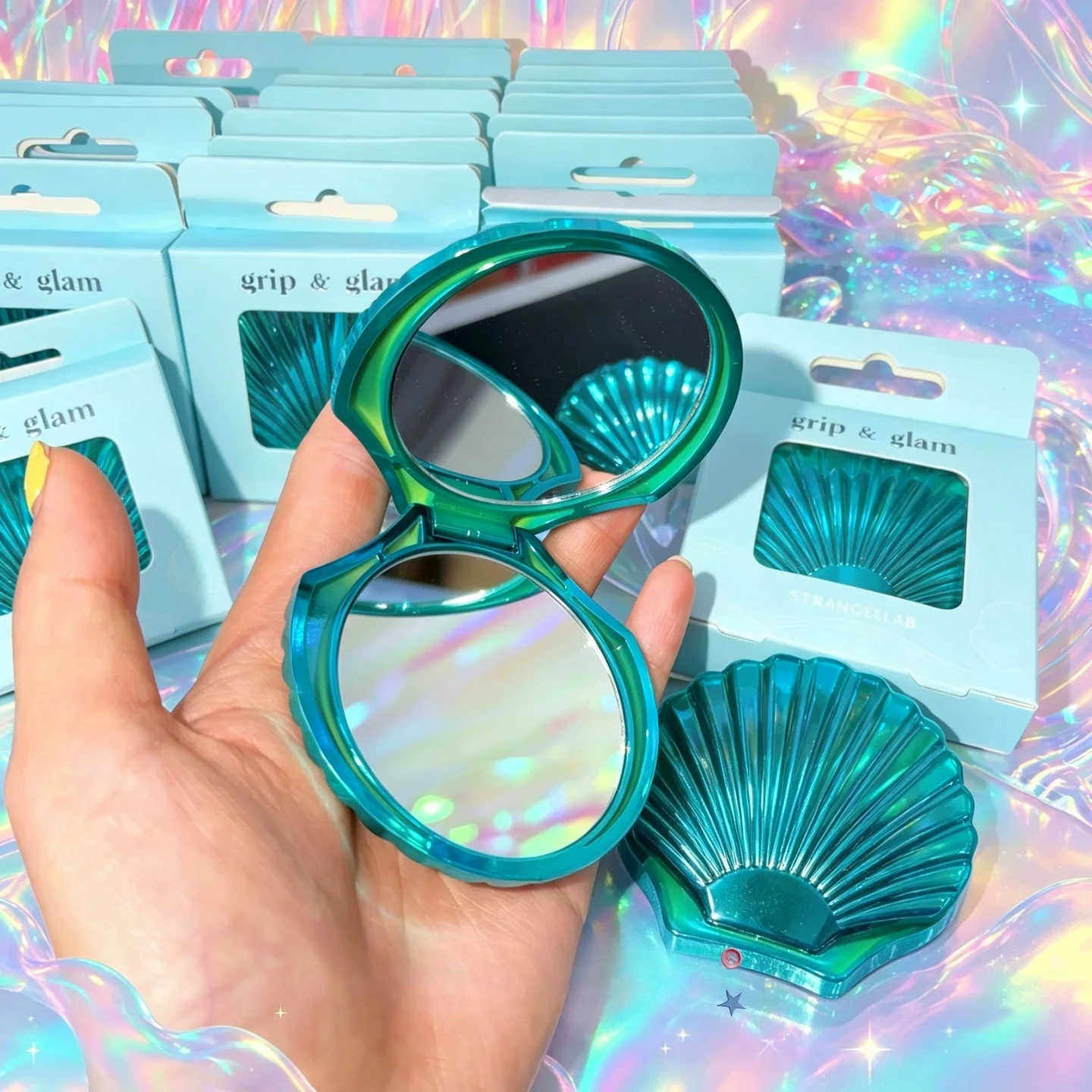 Multi Purpose Dreamy Blue Plated Shell Shaped Portable Folding Makeup Mirror Birthday Gift