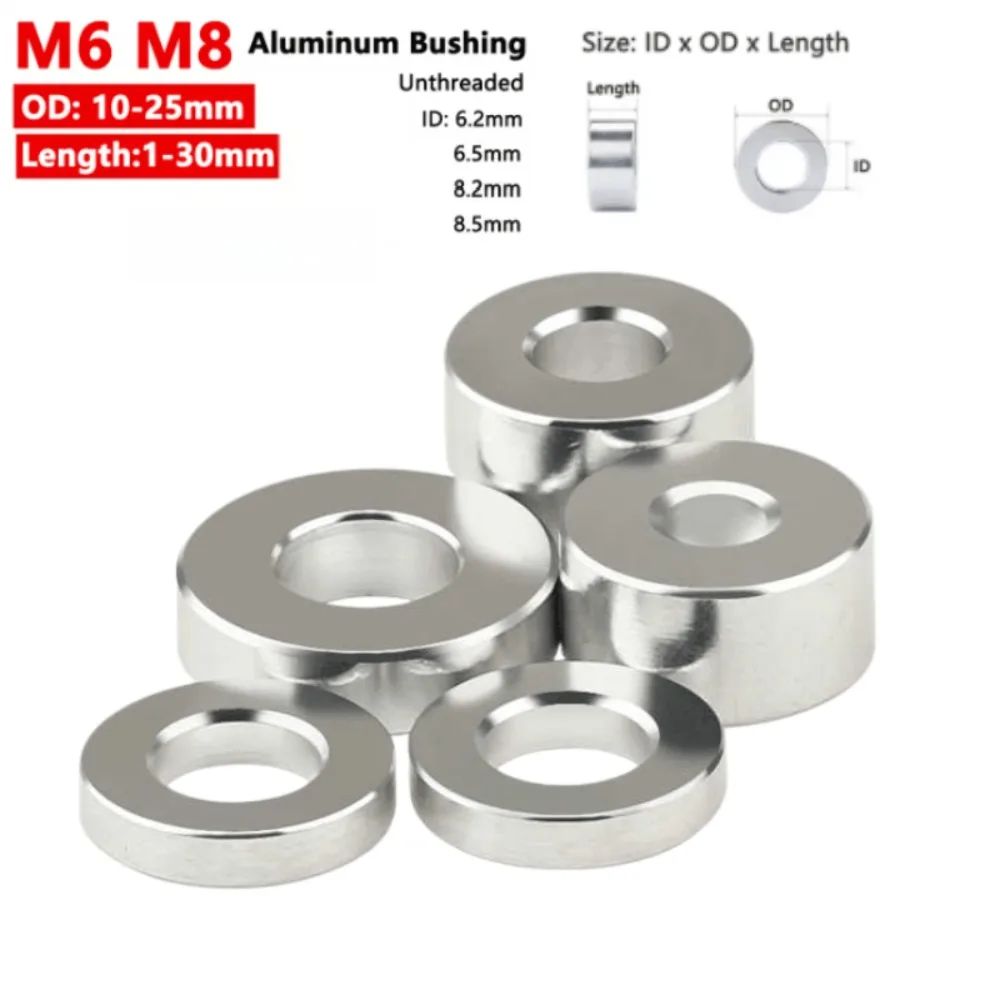 M6 M8 Unthreaded Aluminum Bushing Washer Hollow Standoff Spacer Sleeve OD 10-25mm Length 1-30mm Round Gasket Hardware