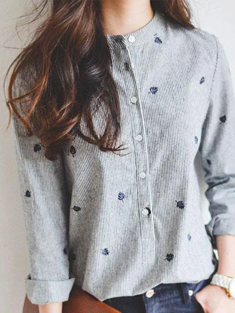 Spring Autumn Korean Style Stand Collar Sweet Striped Print Shirt Women Casual Fashion Long Sleeve Blusa All-match Loose Blouse